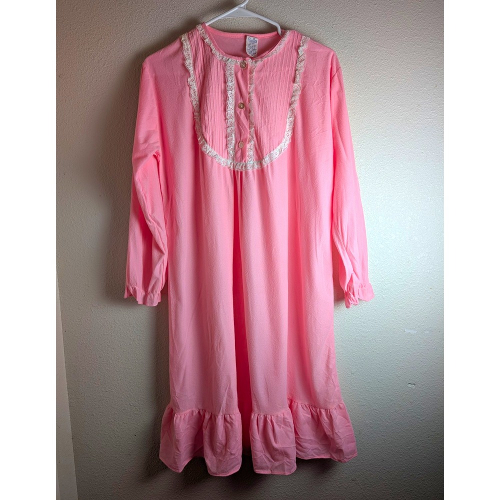 Vintage Radlee Pink Nightgown Sz 38 Lace Trim Long Sleeve Ruffle Hem Cottagecore